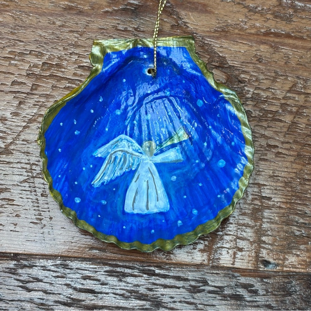 Hand-Painted Angel Shell Ornament Blue Gold Trim Christmas